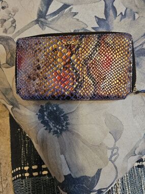 Lodis Snake-Embossed Zip Wallet in Blue, Orange & Gold